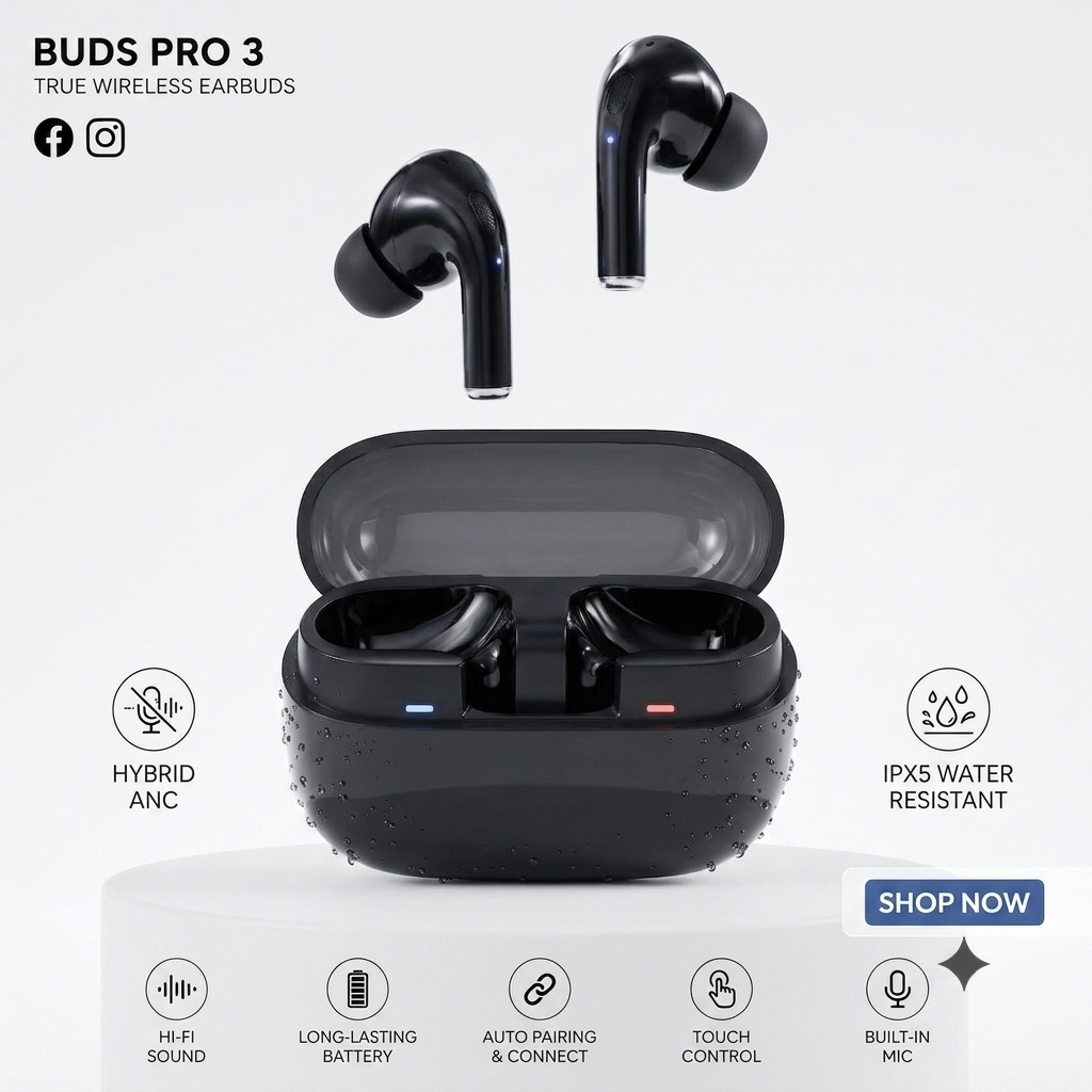 Buds Pro 3 ANC Wireless Earbuds | Transparent Case | Touch Control | 20Hr Battery