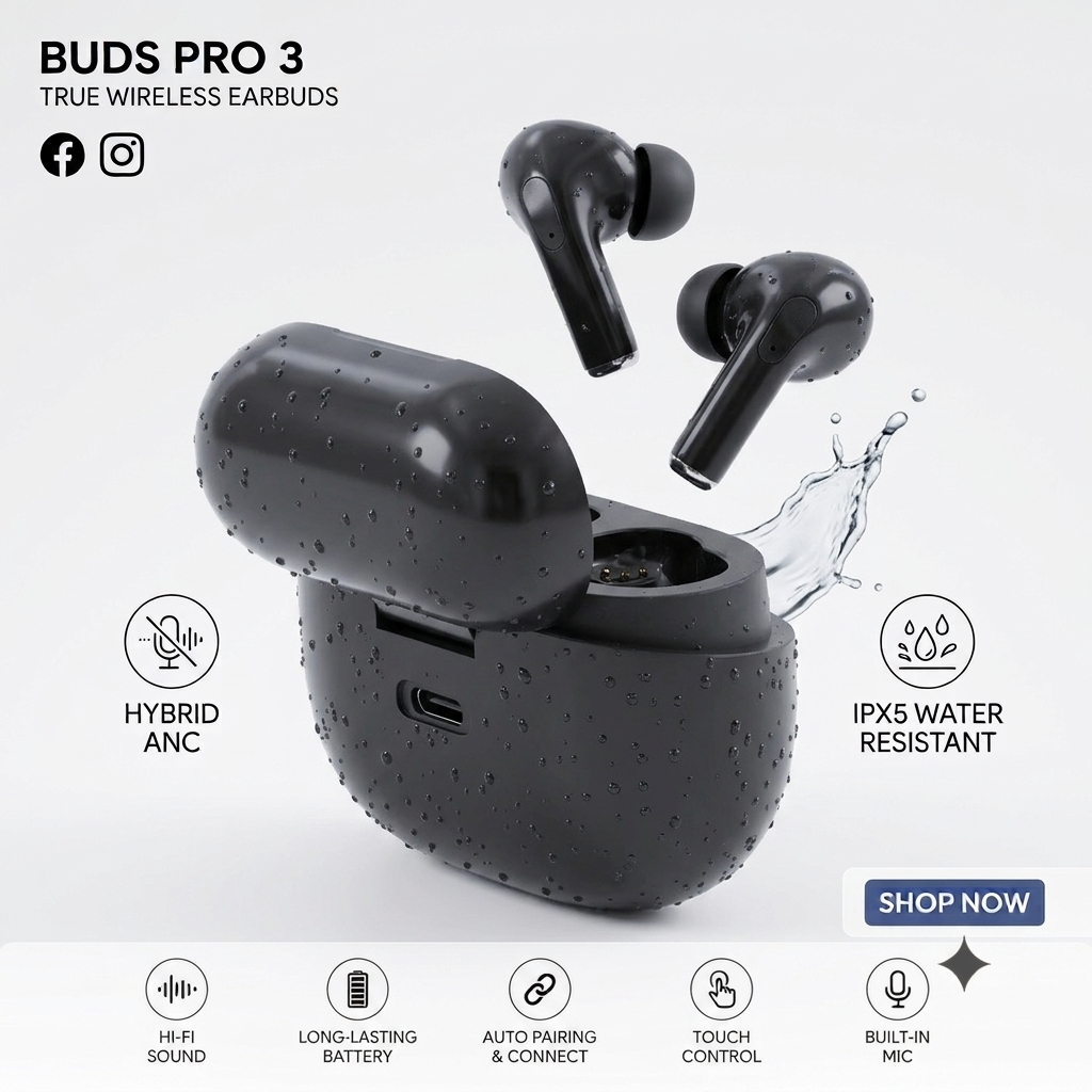 Buds Pro 3 ANC Wireless Earbuds | Transparent Case | Touch Control | 20Hr Battery