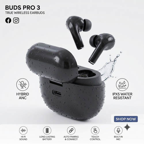 Buds Pro 3 ANC Wireless Earbuds | Transparent Case | Touch Control | 20Hr Battery