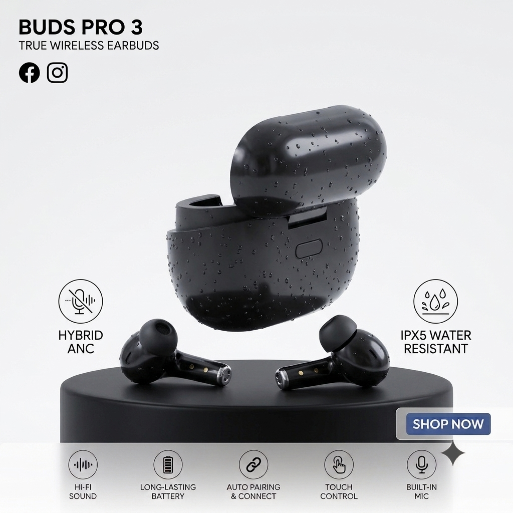 Buds Pro 3 ANC Wireless Earbuds | Transparent Case | Touch Control | 20Hr Battery