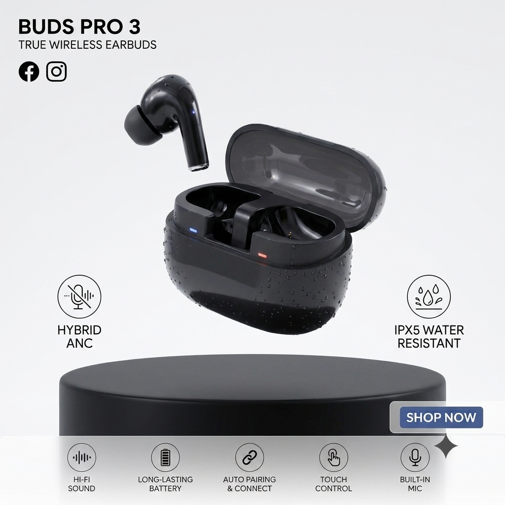 Buds Pro 3 ANC Wireless Earbuds | Transparent Case | Touch Control | 20Hr Battery