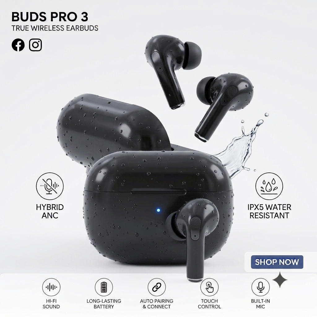 Buds Pro 3 ANC Wireless Earbuds | Transparent Case | Touch Control | 20Hr Battery