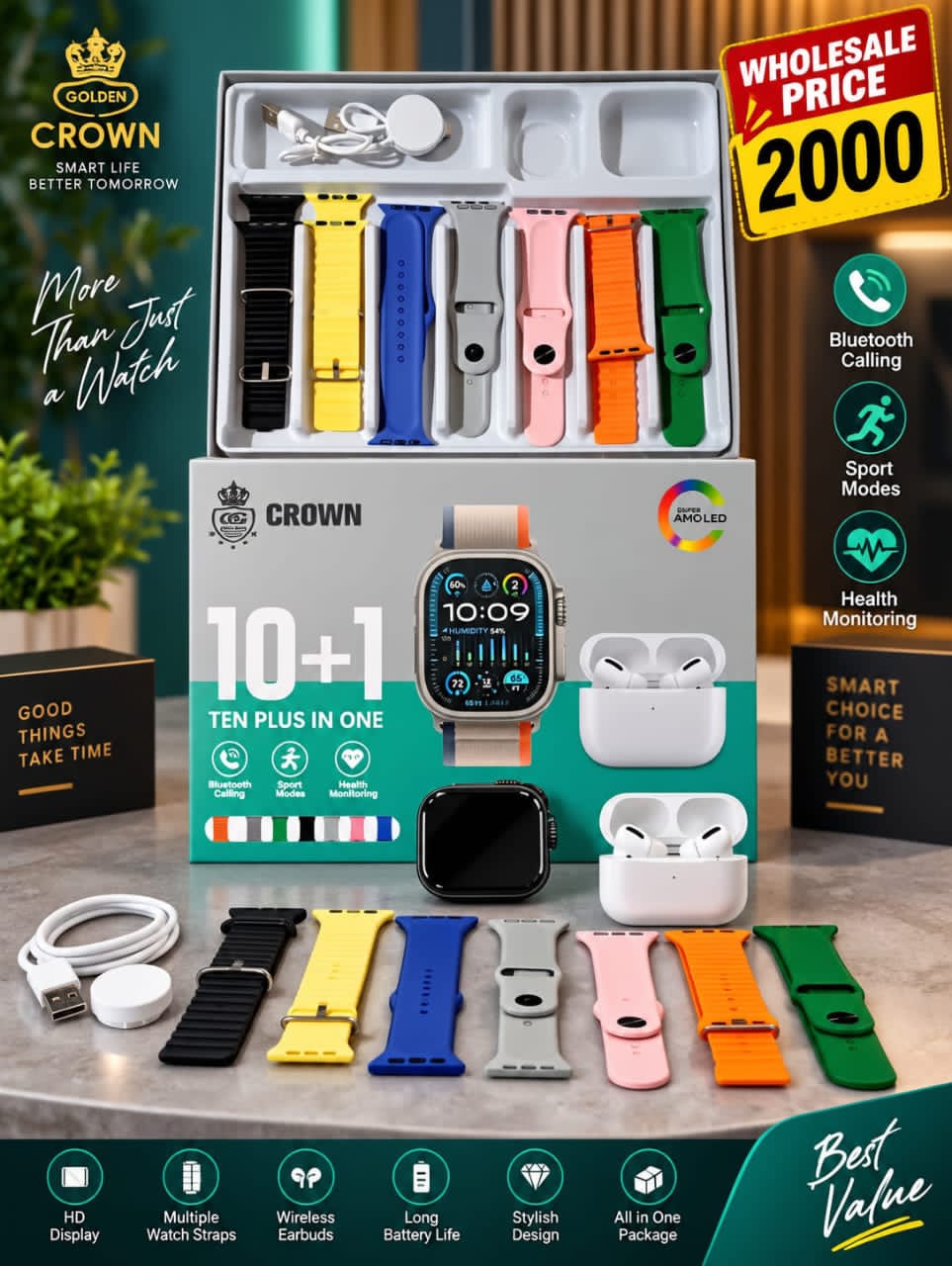 Golden Crown 10+1 Smart Watch Combo – Bluetooth Calling, Sport Modes, Health Monitoring + Wireless Earbuds (Super AMOLED)