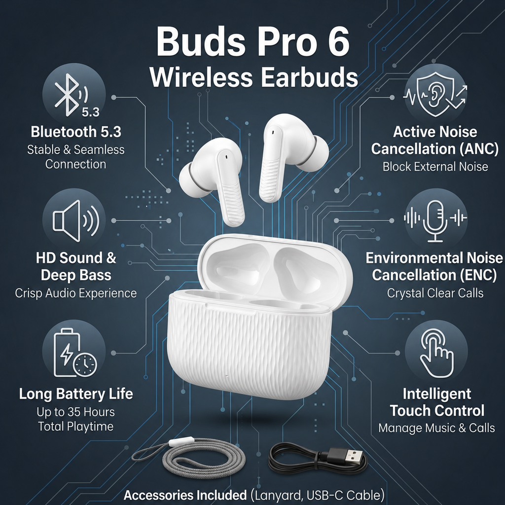 🔥 Buds Pro 6 Wireless Earbuds | ANC + ENC Noise Cancelling | HD Sound | Bluetooth 5.3 | Long Battery Life