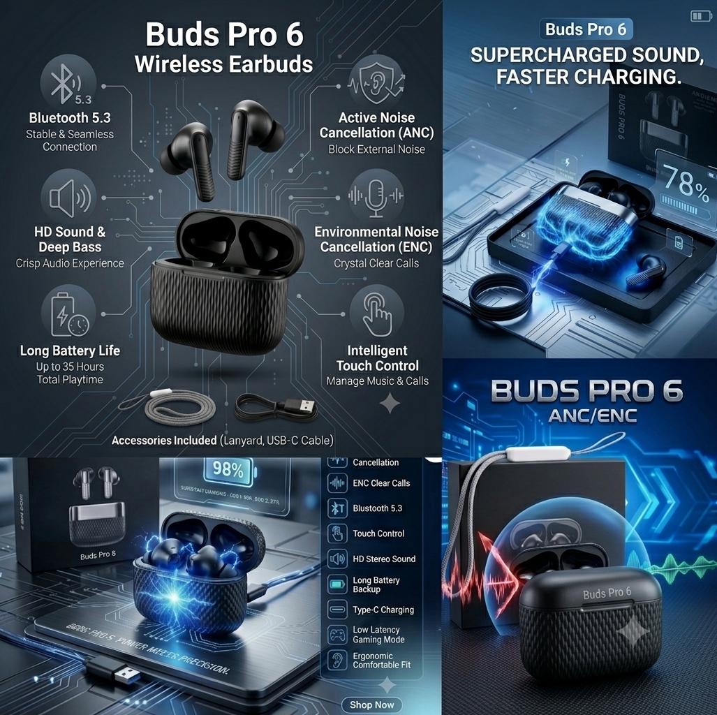 🔥 Buds Pro 6 Wireless Earbuds | ANC + ENC Noise Cancelling | HD Sound | Bluetooth 5.3 | Long Battery Life