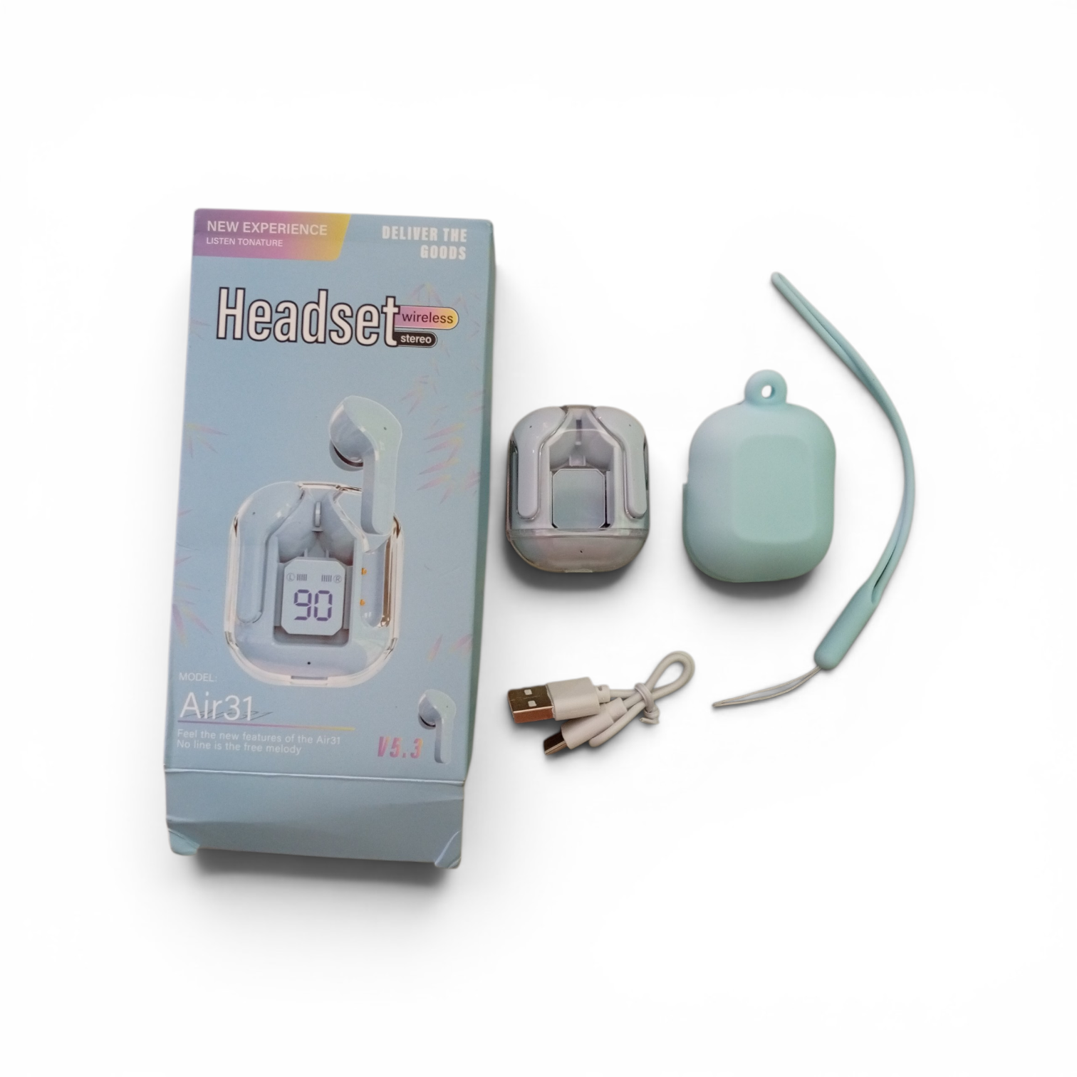 Air31 Wireless Earbuds V5.3 | LED Display | Transparent Case | Stereo Sound | Silicone Cover