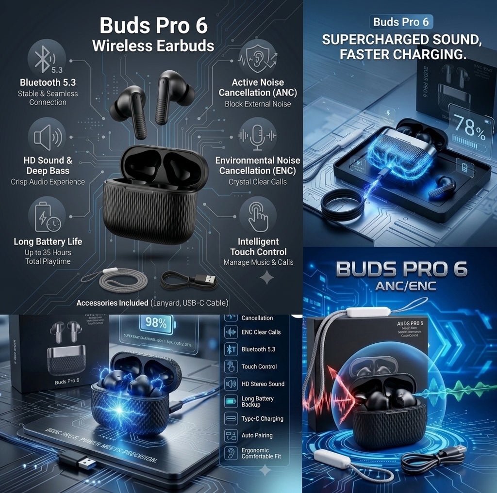 🔥 Buds Pro 6 Wireless Earbuds | ANC + ENC Noise Cancelling | HD Sound | Bluetooth 5.3 | Long Battery Life
